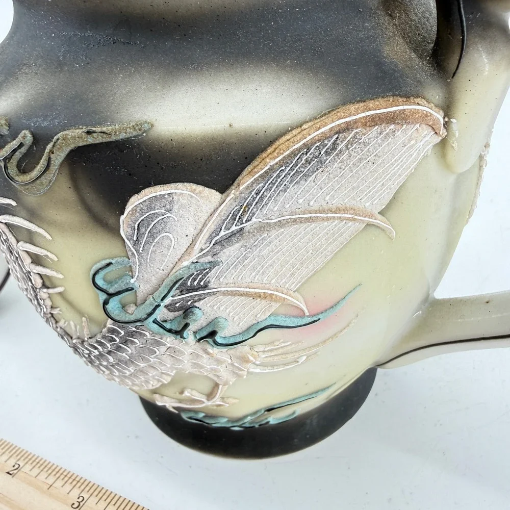 Moriage Dragon Teapot Raised Texture Decor Japan VTG Porcelain Large Black Cream